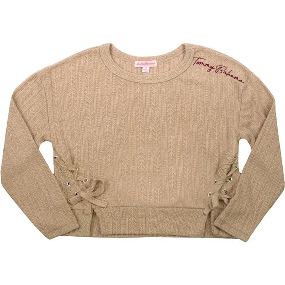 Tommy Bahama Tan Girls Side Lace Up Signature Embroidery Pullover Sweater Sz 14